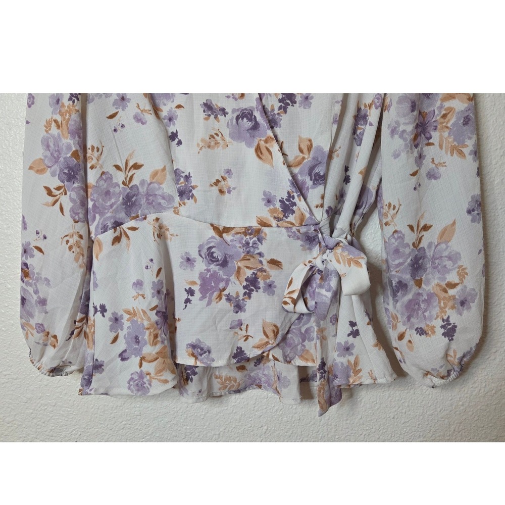 Meraki Floral Wrap Blouse Medium Cottagecore Coquette Peplum Tie Waist Top - Picture 3 of 9